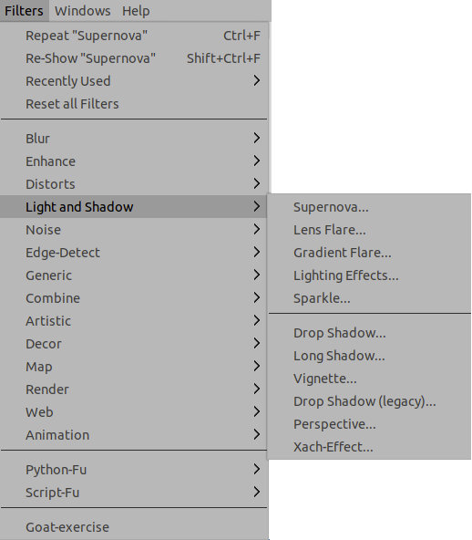 The Light and Shadow filters menu